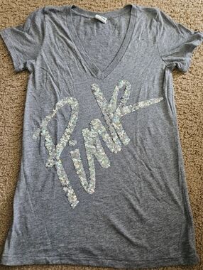 PINK Victoria's Secret Bling Vintage Sequin Spellout Short Sleeved Tee